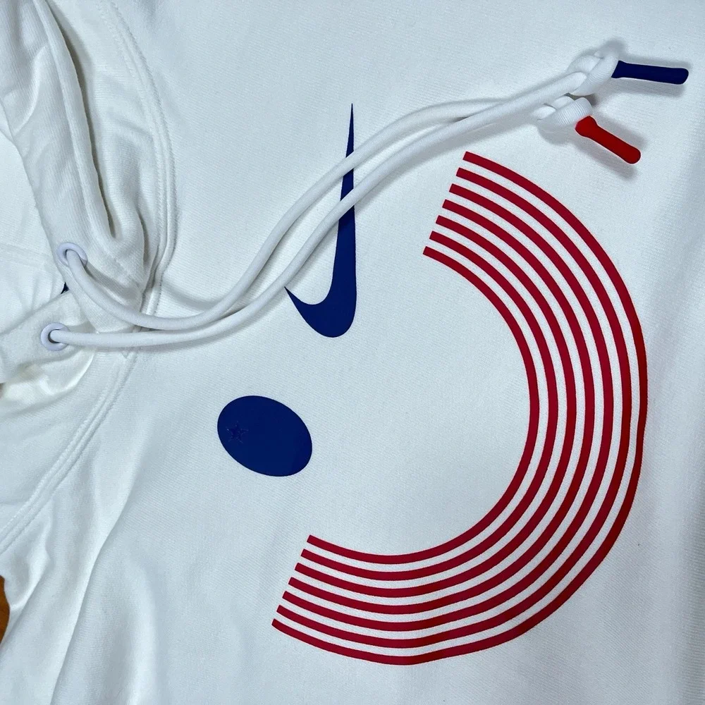 Nike Team USA Olympics White Sweatshirt Hoodie Smiley Face Swoosh Size Large